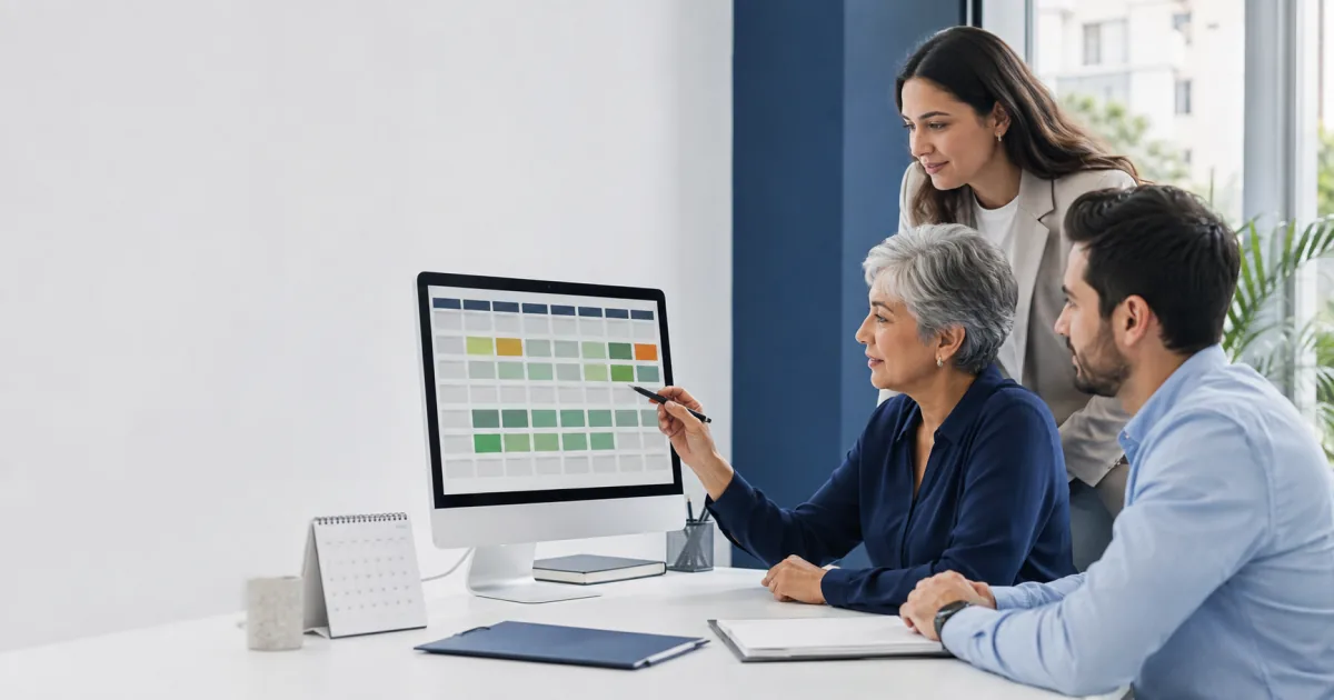 Equipo contable revisando una matriz mensual de estados F29 para una cartera de clientes