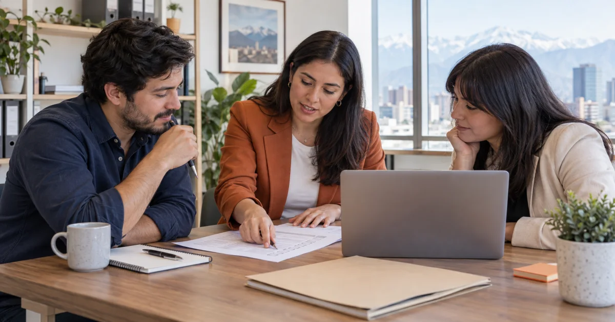Equipo contable chileno definiendo responsabilidades y próximos pasos con una nueva clienta