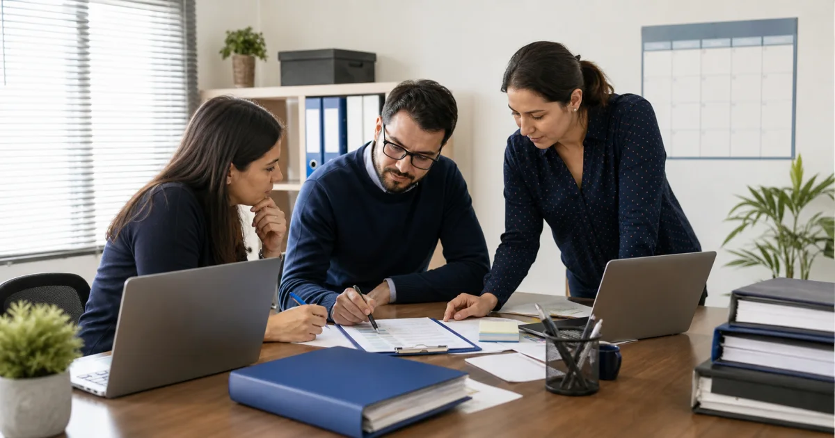 Equipo de una oficina contable coordinando el cierre mensual de su cartera de clientes