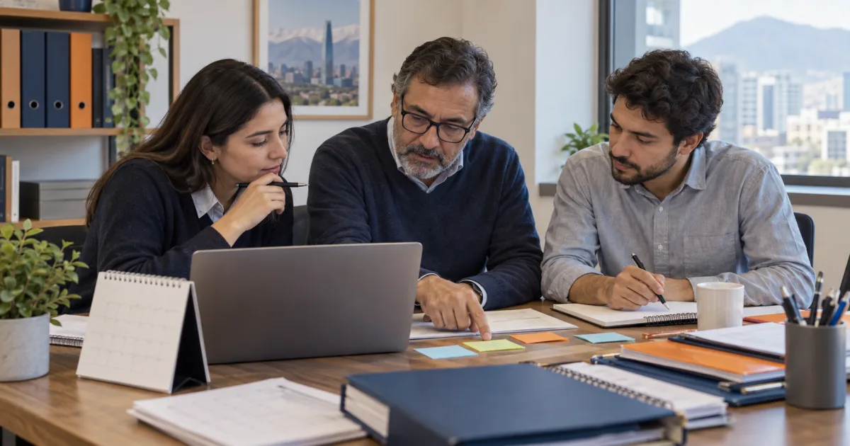 Equipo contable chileno ordenando obligaciones de varios clientes por fecha, bloqueo y responsable