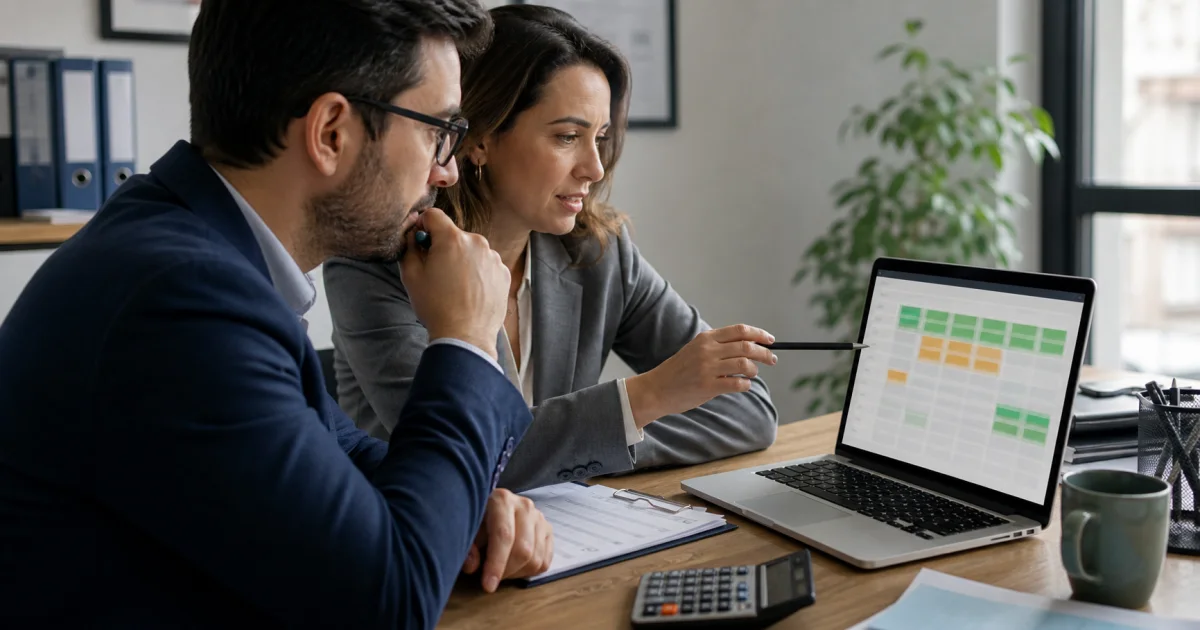 Contadores revisando estados F29 de varios clientes mediante señales verdes y amarillas
